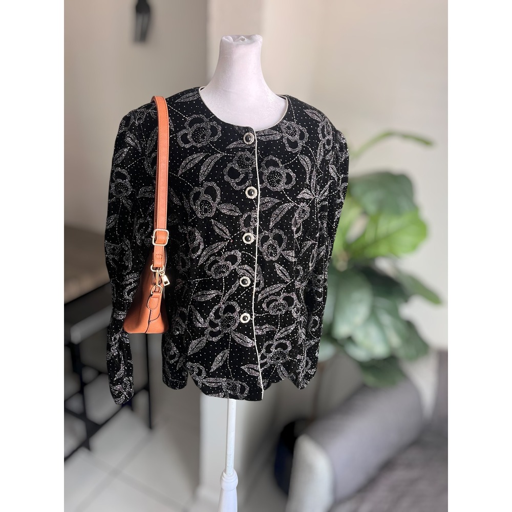 R&K Evening Vintage Velvet Floral Shimmer Button Down Blouse Top XL